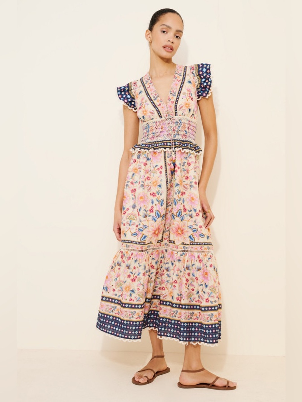 FARM Rio Pink Floral Maxi Dress with Navy Accents